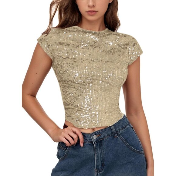 Tops - Women's Sequin Boat Neck Top Sparkle Glitter Backless Crop Shirt Large